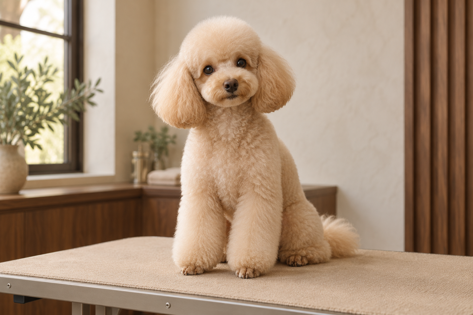 Caniche de muestra en un salón de tonos crema